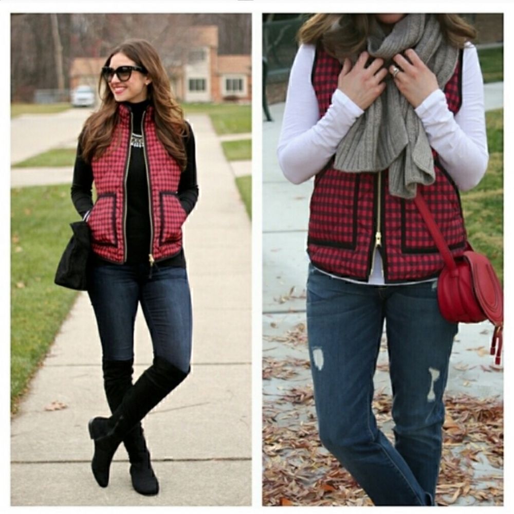 J. Crew Red and Black Plaid Puffer Vest Size XS